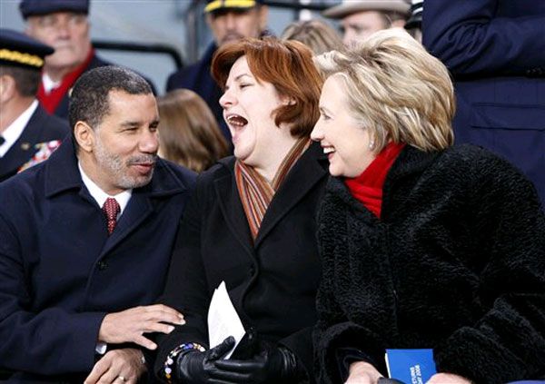 Governor Paterson, City Council Speaker Quinn and Senator Clinton share a laugh--we bet Paterson told a joke.